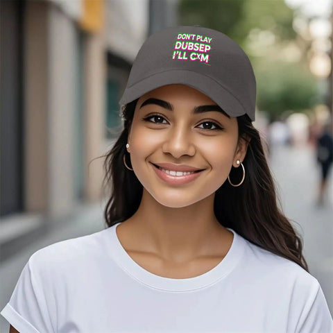 Woman wearing Dope Dark Gray Adjustable Baseball Cap For Men With Classic Fit, Easy Buckle, Everyday Street Style.