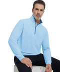 Man wearing Men's Quarter Zip Golf Pullover With Moisture Wicking Tech, Lightweight Four Way Stretch Midlayer For On The Course And Off, Light Blue