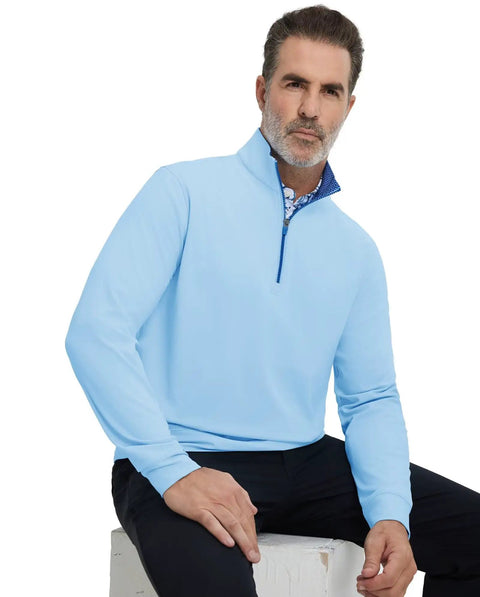 Man wearing Men's Quarter Zip Golf Pullover With Moisture Wicking Tech, Lightweight Four Way Stretch Midlayer For On The Course And Off, Light Blue