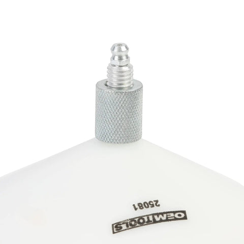 Universal Bearing Packer Cone for Wheel Bearings with grease gun fitting, close-up view showing white cone and metal connector.