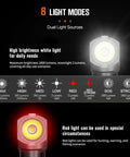 Diagram showing 8 modes and dual light sources of Beast Mode 1800 Lumens Tactical Flashlight With Type C Rechargeable, IP65 Waterproof
