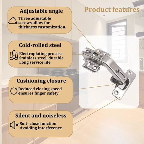 Product features of Four Pack 135 Degree Lazy Susan Cabinet Hinges With Adjustable Silent Operation, showing hinge details
