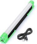 1000 Lumen Rechargeable Magnetic Work Light With 5 Modes Strong Magnet Base And 360 Degree Rotating Hook Battery Powered Hanging Light For Home Power Outages And Outdoor Projects, showing the USB charging port and cable included, green and white design.