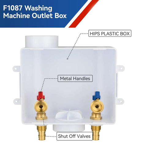 Heavy Duty Washing Machine Outlet Box With One Half Inch PEX Crimp Inlet And Three Quarter Inch MHT Outlet Center Drain UPC Certified