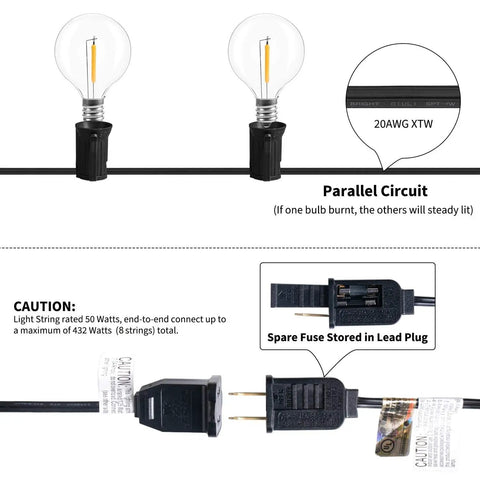 Parallel circuit detail of G40 Outdoor String Lights 50 Ft With 52 Shatterproof Bulbs And 2 Spare, Weatherproof IP44 description