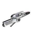 Pneumatic 3/4 Inch Belt Sander With 360 Degree Rotating Head For Tight Squeeze Garage Jobs Knocks Out Rust Smooth As Silk Fits Awkward Corners Easily Pro Mechanic Shop Tool Built In Air Regulator And Redirected Exhaust, side view with sleek chrome finish