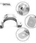 Close-up of Ten Pack Two Inch Stainless Steel Conduit Clamps With Two Hole U Brackets For Fifty Millimeter Pipes.