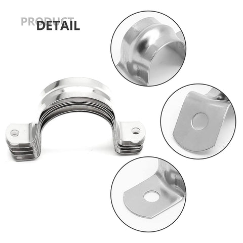 Close-up of Ten Pack Two Inch Stainless Steel Conduit Clamps With Two Hole U Brackets For Fifty Millimeter Pipes.