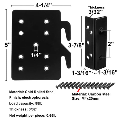 Solid As A Rock 4 Pack Bed Frame Hardware Featuring Double Hook Slot Brackets And Reinforced Steel Plates, showcasing dimensions and materials.