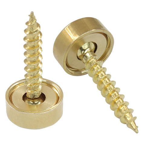 Knock Those Ugly Threads Aside With Our Premium Solid Brass Screw Covers This Sixteen Piece Set Of Retro Decorative Hardware Caps Delivers A Snazzy Vintage Look Forever, showing detail of brass screw covers.
