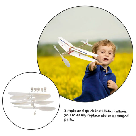 Child flying model plane with 5 Piece RC Airplane Propeller Blades Rad High Performance Rubber Band Powered Gear visible