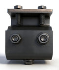 Front view of Beefy Channel Trolley Track Hanger Bracket For I-Beams And 1-5/8 Inch Strut Channel, rust-resistant black finish
