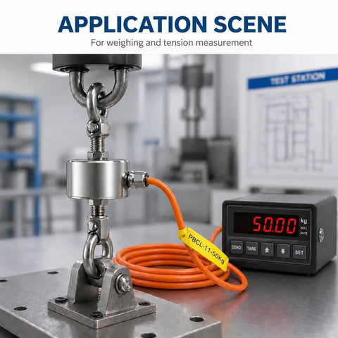 50 Kg Mini Load Cell Sensor For Tension And Compression Testing, Top Notch Precision 0.1 Percent, Stable Force Readings For Lab And Production Use, Great For Experimental Setups And Quality Control. stainless steel load cell on test bench with 50.00 kg display