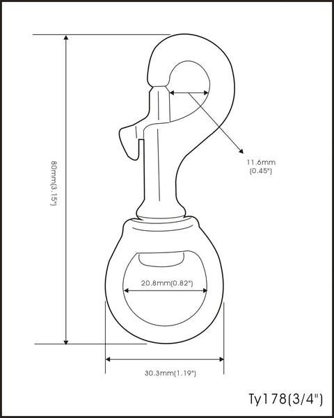 Solid brass heavy-duty trigger flagpole clip swivel snap hook; dimensioned drawing with 80mm height and 30.3mm width.