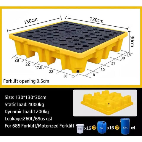 Modular Spill Containment Pallet With Drain And Anti Leak Tray For Safe Liquid Storage Heavy Duty Polyethylene Platform Yellow