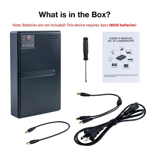 Compact DC UPS Uninterruptible Power Supply For Router Modem IP Camera And POE Devices Keeps Your Internet Up During Power Outages With 5V 9V 12V And 24V Multi Voltage Output Battery Not Included, shown with cables and manual