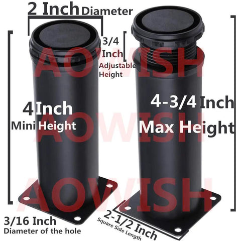 Thick Stainless Steel Furniture Legs Adjustable 4 Inch Black Round Foot Set of 4 Heavy Duty Support for Cabinets Tables Desks Beds Shelves Sofas Ideal for Home or Office Use showing height dimensions and base size details.