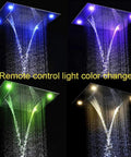 Straight Up Premium Recessed LED Ceiling Rainfall Shower System With Handheld Spray And Heavy Duty Stainless Steel Antique Brass Finish For Your Modern Bath Setup with color changing lights.