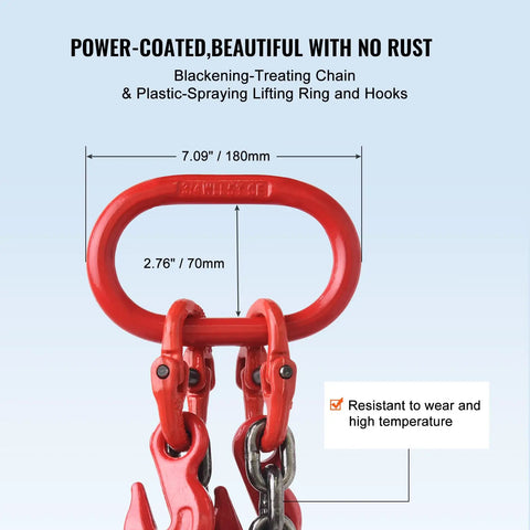 Heavy Duty Chain Sling Three Eighths Inch By 6 Ft With 2 Leg Grab Hooks And Adjusters, G80 Mn Steel Lifting Chains For Engine Hoist, 11000 Lbs Capacity, 5 Ton Rigging Chain With Durable Hooks Built Tough, red chain sling with hooks