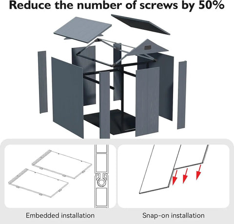 Exploded view showing assembly of All Weather 4 By 6 Foot Resin Storage Shed for outdoor garden use with reduced screw design.