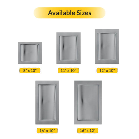 Five brushed stainless steel deal trays in sizes, including heavy duty brushed stainless steel drop in deal tray 12 inch wide 10 inch deep