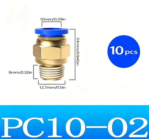 Premium 10Pcs Brass Push Fit Pneumatic Fittings Kit For Quick Connect Air Hose Straight Elbows Male Thread Swivel Ring Design Perfect For PU Nylon Tubing And Compressor Systems To Upgrade Your Workflow. brass PC10-02 fitting, 10mm x 24mm, 10 pcs