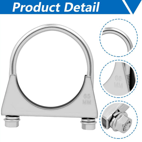 Close-up of 2.5 Inch U-Bolt Exhaust Clamp Saddle Style for Muffler Piping, showing 65mm marking and corrosion-resistant finish.