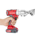 21V Electric Metal Shears With Swivel Head, heavy duty sheet metal cutter held in hand, showing sharp chrome vanadium cutter