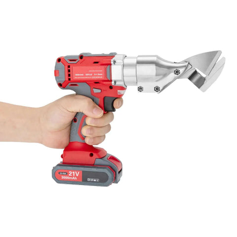 21V Electric Metal Shears With Swivel Head, heavy duty sheet metal cutter held in hand, showing sharp chrome vanadium cutter