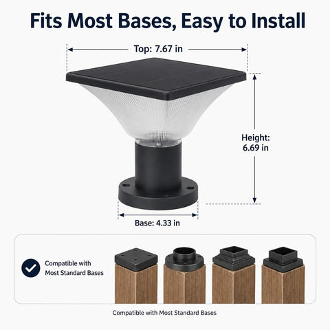 Solar Powered Post Cap Lights Outdoor Dusk To Dawn Auto On Off 400 Lumen Lanterns showing dimensions and base compatibility.