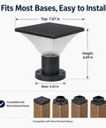 Outdoor Solar Post Cap Lights 4 Pack For 4x4 Or 6x6 Posts, dimensions and base compatibility shown, easy to install.