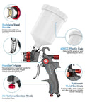 Heavy Duty HVLP Gravity Feed Paint Sprayer Gun With Adjustable Air Regulator showcasing stainless steel nozzle and 600CC plastic cup.