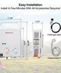 Propane Tankless Water Heater For Outdoors On Demand Hot Water 1.32 GPM Portable Gas Heater For Camping with dimensions and accessories.