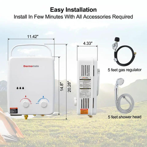 Propane Tankless Water Heater For Outdoors On Demand Hot Water 1.32 GPM Portable Gas Heater For Camping with dimensions and accessories.