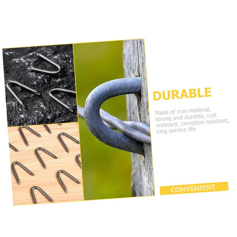 Collage of U Shaped Garden Stakes Nails for Fencing and Wire Mesh Easy Setup Quick Outdoor Installation Lightweight Iron Pegs