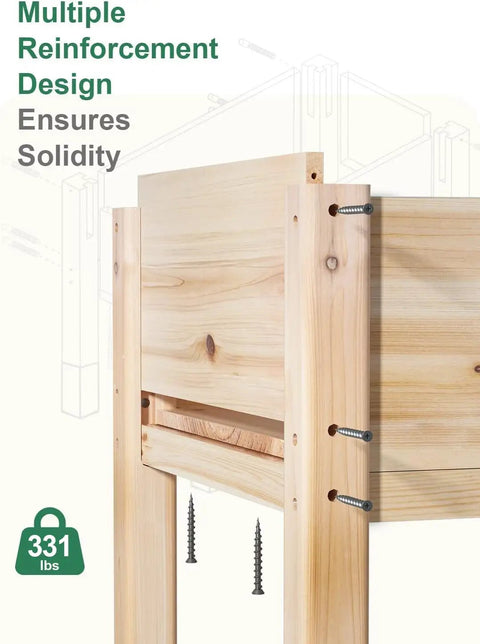 Close-up of fir wood Heavy Duty Raised Garden Bed On Legs 331 Lb Capacity 48 By 24 By 31 Inches Large Planter Box corner support.