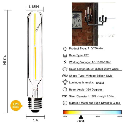 Dimmable T10 LED Filament Tubular Bulbs 3000K Warm White Edison style dope retro vibe, 4W low heat, E26 base with measurement details