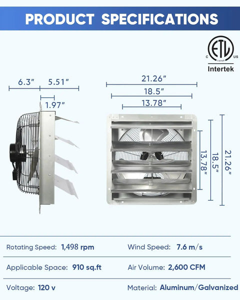 Side and front view of 18 Inch Shutter Exhaust Fan High Speed Wall Mounted Vent Fan 2450 CFM With 1.65m Power Cord For Garage Attic Greenhouse