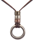 Top Shelf Handcrafted Leather Necklace For Men And Women Boasting A Fly Vintage Hippie Design With Adjustable Long Cord And Smooth Durable Alloy Cross Pendant In Classic Brown with round alloy ring and leather detail.