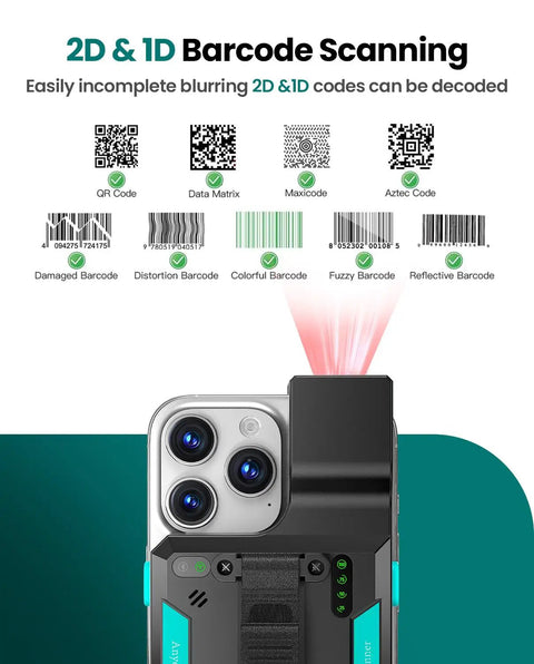 Bluetooth Barcode Scanner Wireless 2D 1D Back Clip Reader With USB C Wired And 2.4G Wireless Options attached to phone scanning codes