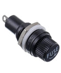 Close-up of Panel Mount 5X20MM Black Screw Cap Fuse Holder Kit With 10A And 15A Quick Blow Glass Fuses, showing fuse holder.