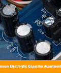 Close-up of Pro Grade Aluminum Electrolytic Capacitor Assortment Kit with 280 pieces on a circuit board, blue background