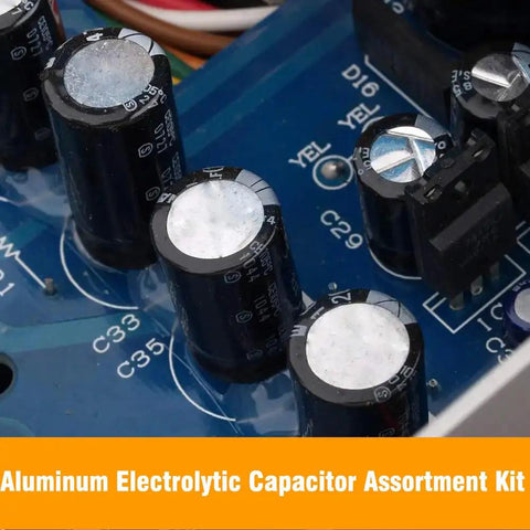 Close-up of Pro Grade Aluminum Electrolytic Capacitor Assortment Kit with 280 pieces on a circuit board, blue background