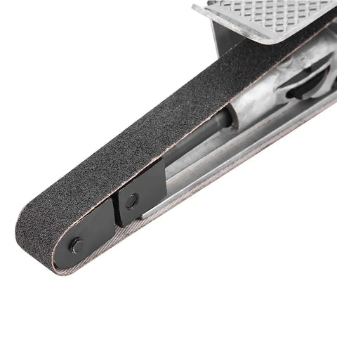 Close-up of 20mm Pneumatic Air Belt Sander Polisher For Metal Wood Plastic showing slim belt and narrow head for tight spaces