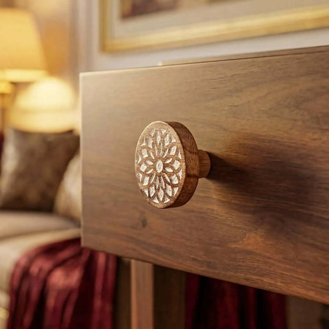 Close-up of Boho Bulk Wooden Drawer Knobs Set With 300 Pieces, Brown Floral Round Cabinet Knobs on a wooden dresser.