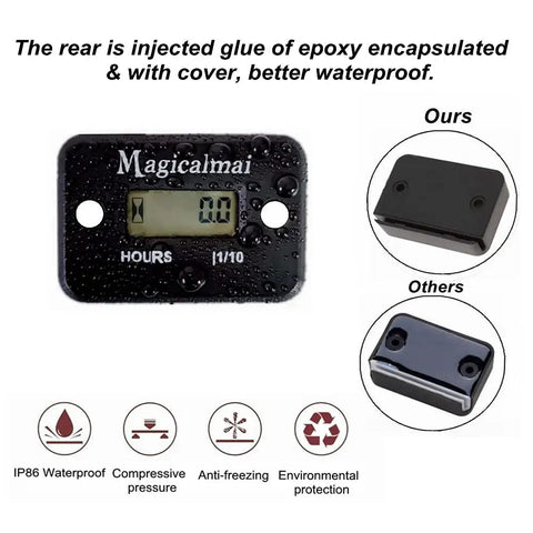 Inductive Hour Meter For Gas Engines And Generators, black waterproof design, comparison of waterproof features with epoxy seal.