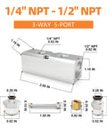 Diagram of aluminum air manifold 3-way 5-port block splitter with 1/4 NPT output and 1/2 NPT supply, push-to-connect fittings