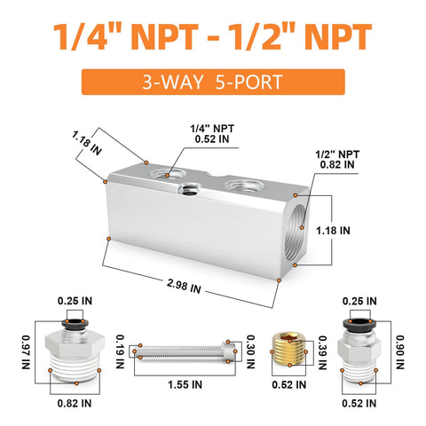 Diagram of aluminum air manifold 3-way 5-port block splitter with 1/4 NPT output and 1/2 NPT supply, push-to-connect fittings