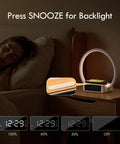 Bedside Lamp With Alarm Clock And Wireless Charger, Sunrise Wake Up Light on nightstand, woman sleeping, dimming display levels.