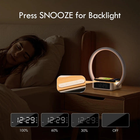 Bedside Lamp With Alarm Clock And Wireless Charger, Sunrise Wake Up Light on nightstand, woman sleeping, dimming display levels.
